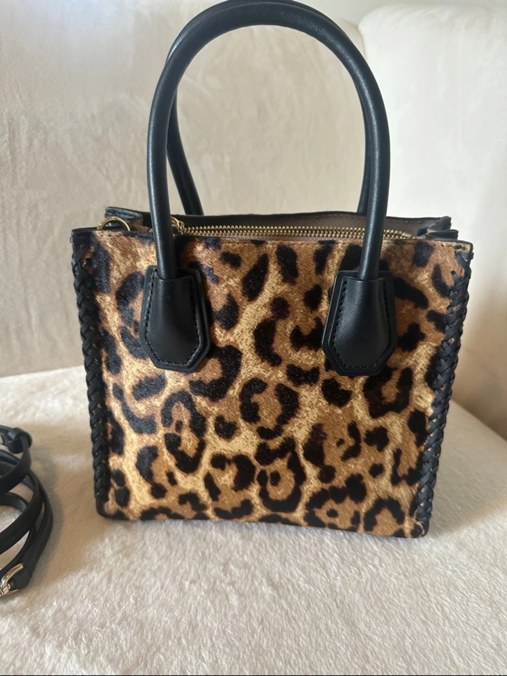 Michael Kors Mercer Leopard Calf Hair Satchel with Black Trim - Picture 2 of 11